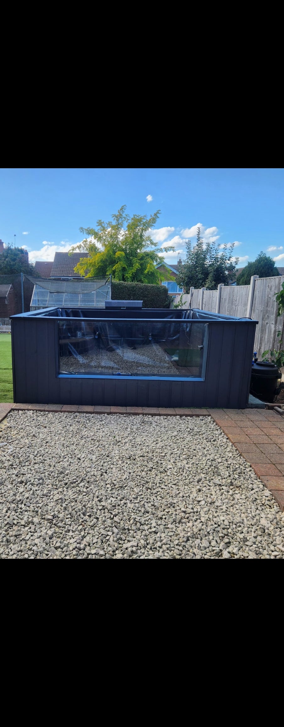 Grey pond 8ft x 8ft x 3ft with viewing window & filtration system